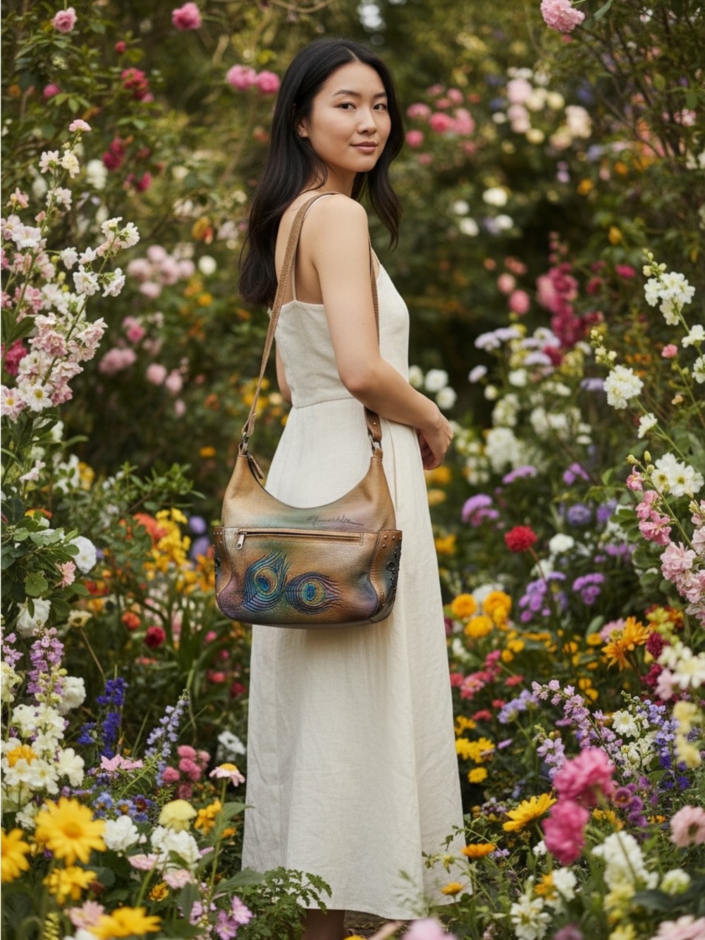 Anuschka Peacock Feather and Flower hobo style shoulder bag hand painted